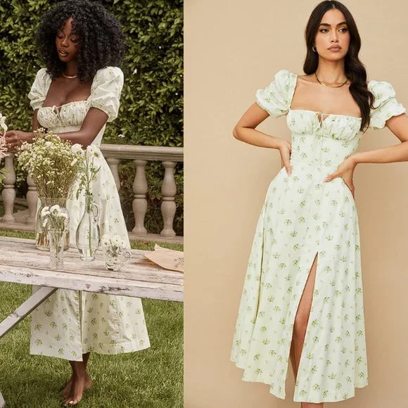 HOUSE OF CB 'Tallulah' Ivory Floral Puff Sleeve Midi Dress NWT